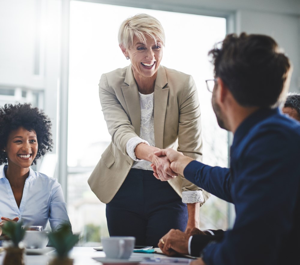 Business woman shaking hands with man