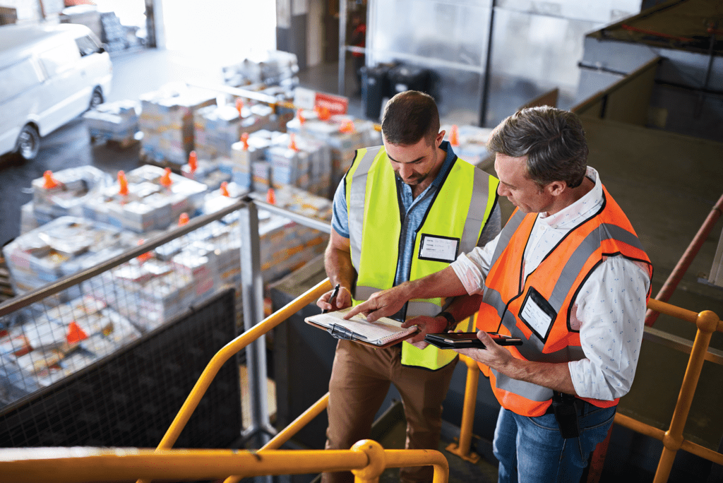 Two men in a loading bay reading a checklist