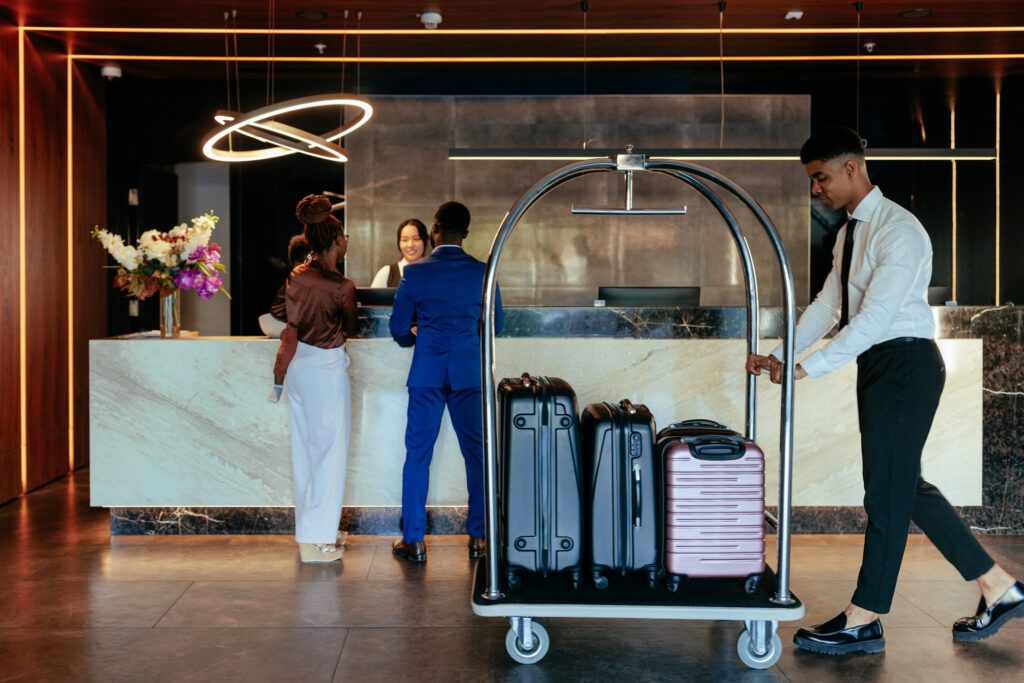 Hospitality workers in lobby