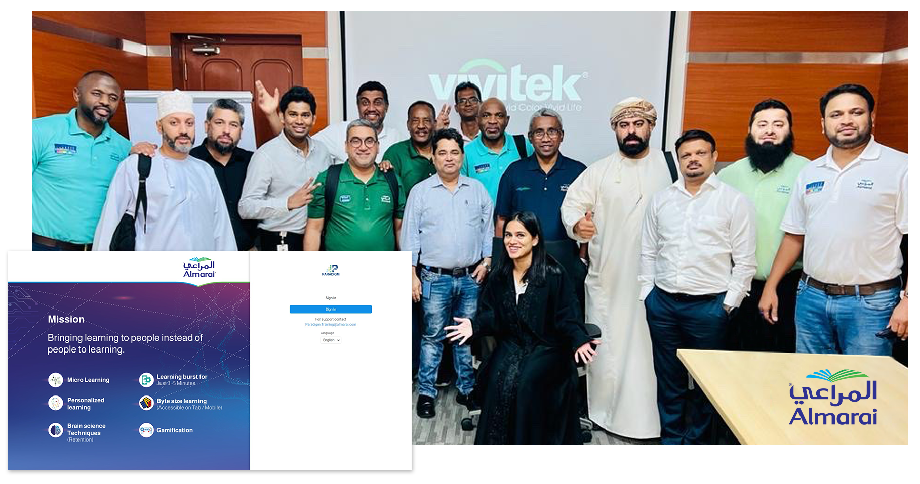 Photo of Almarai staff overlayed with a screenshot of PARADIGM, Almarai’s internal name for Axonify