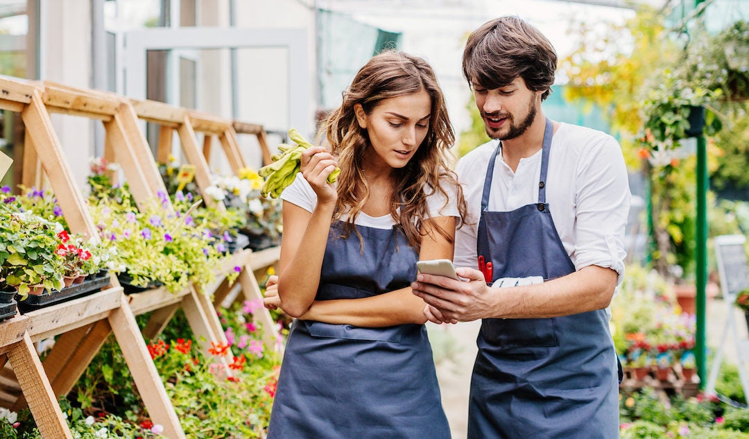 Two workers looking at a phone while walking down a plant farm