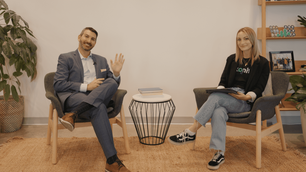 Jory Solomon, director of sales training at Sleep Country and Ashley Marquardt, customer success representative at Axonify sitting together for an interview.