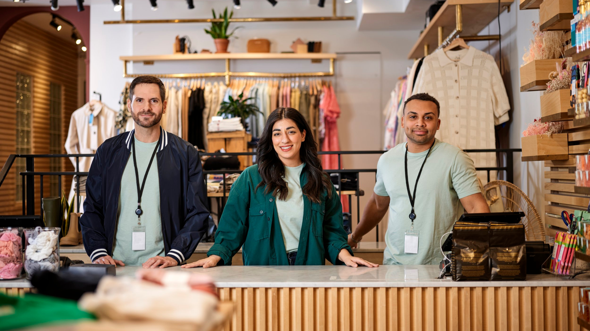 3 employees standing behind a desk in a retail store.