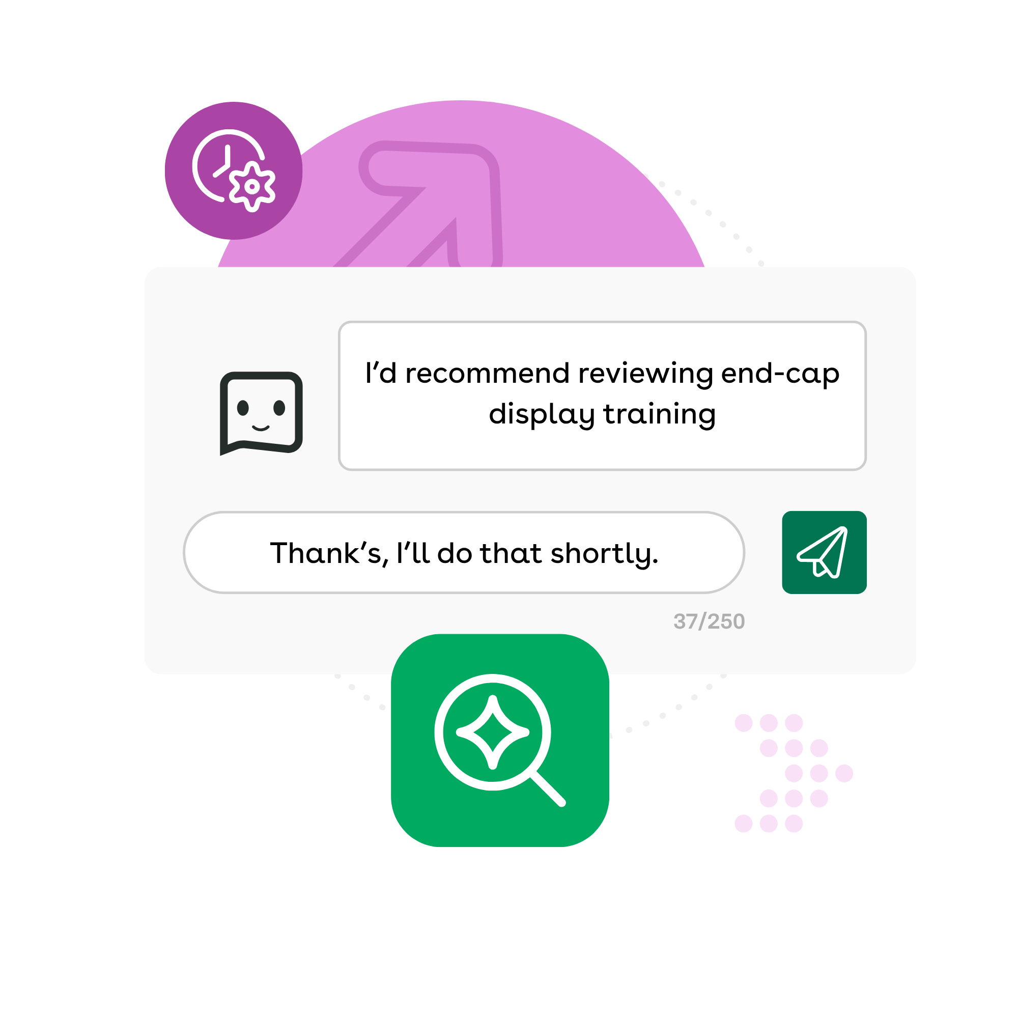 An AI chat assistant interface mockup. The chatbot recommends, "I’d recommend reviewing end-cap display training," and the user types the response, "Thank’s, I’ll do that shortly." A green icon showing a magnifying glass over a star sits below the chat window against a purple arrow background.