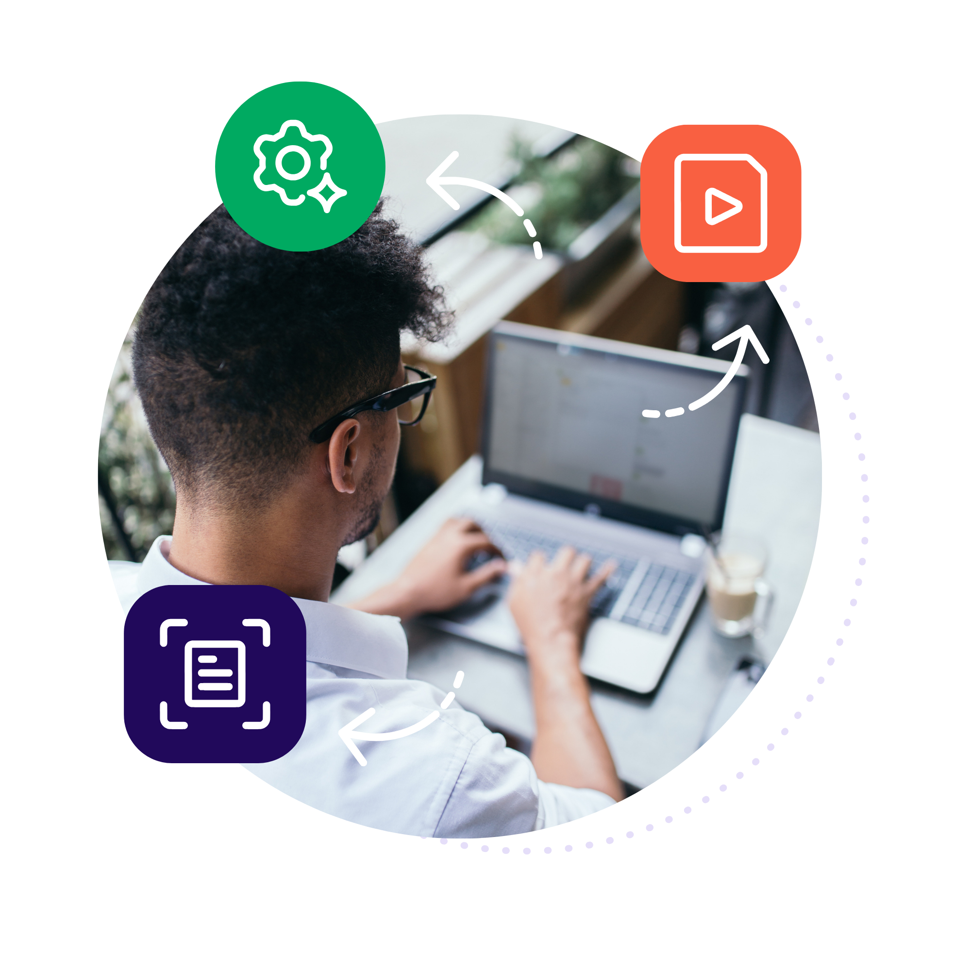 An overhead view of a person working on a laptop computer. Curved arrows loop around the scene, connecting three feature icons: a document scan icon in purple, a gear with sparkles in green, and a media video file icon in orange.