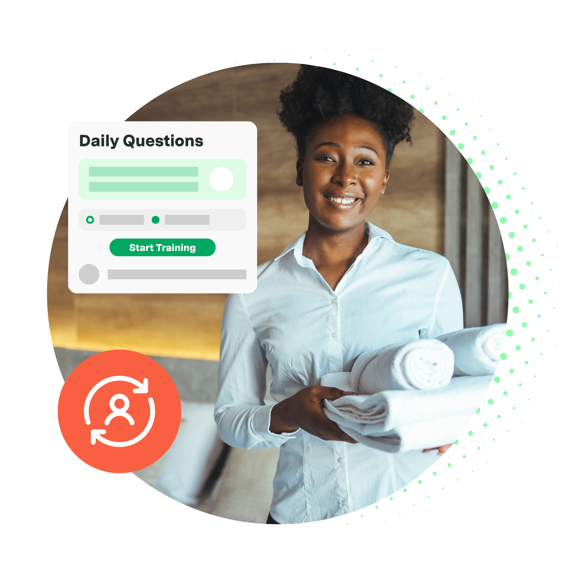 A hotel housekeeping worker holding a stack of clean white towels. An interface mockup labeled "Daily Questions" sits to her left, featuring a green "Start Training" button, alongside a orange circular icon depicting a person profile with refresh arrows.