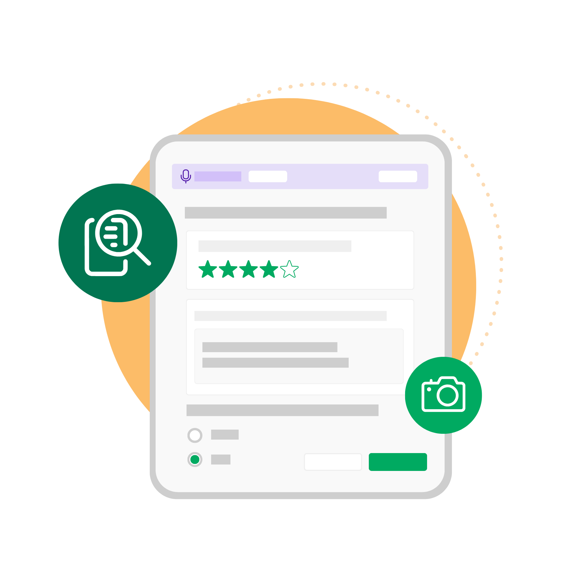 A digital form mockup representing an inspection checklist, displaying a four out of five-star rating selection. Floating around the main form are two green circular icons: a document icon under a magnifying glass on the left, and a camera icon on the right.