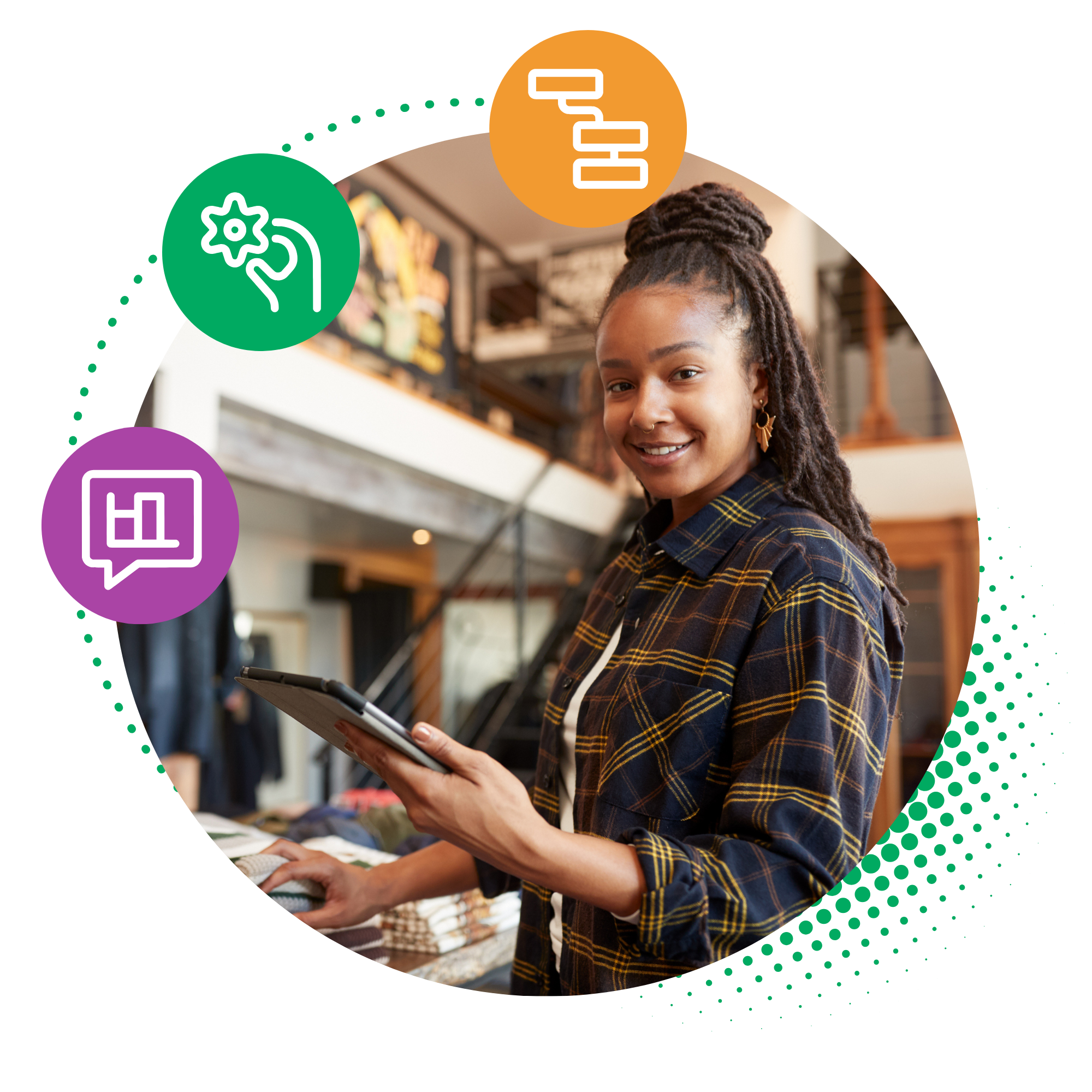 A smiling retail worker with her hair in a high bun, wearing a plaid flannel shirt, holding a digital tablet in a clothing store. Arching above her are three circular icons representing core platform capabilities: an orange icon showing a learning pathway flowchart, a green icon showing a hand turning a gear, and a purple speech bubble icon containing a bar chart.