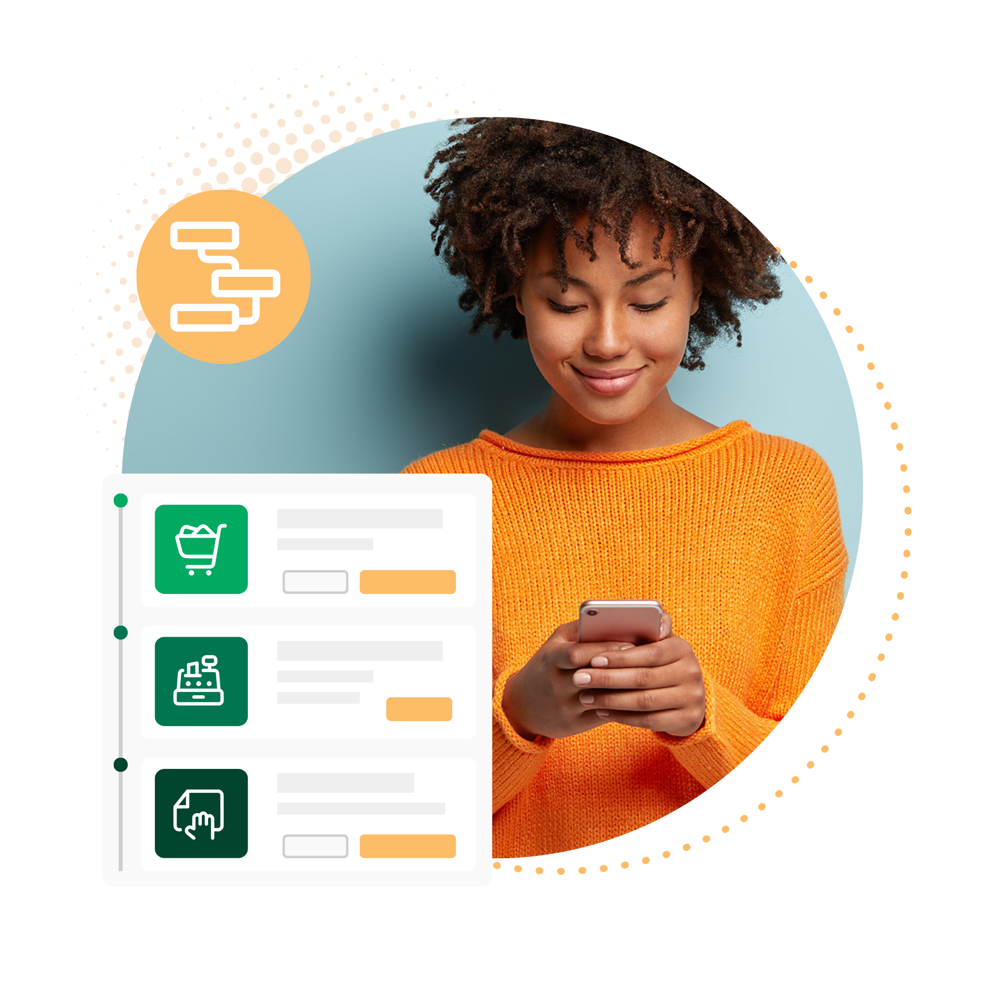 A woman with curly hair looking at her smartphone. Overlaying the image is a structured three-step training pathway graphic featuring icons for a retail shopping cart, a cash register checkout, and a document interaction.